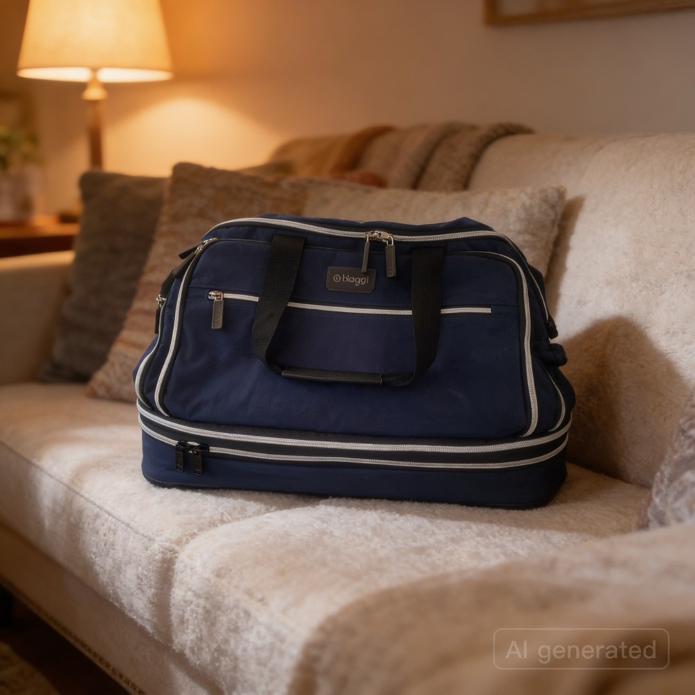 Navy Travel Duffel Bag with Bottom Compartment (on wheels)